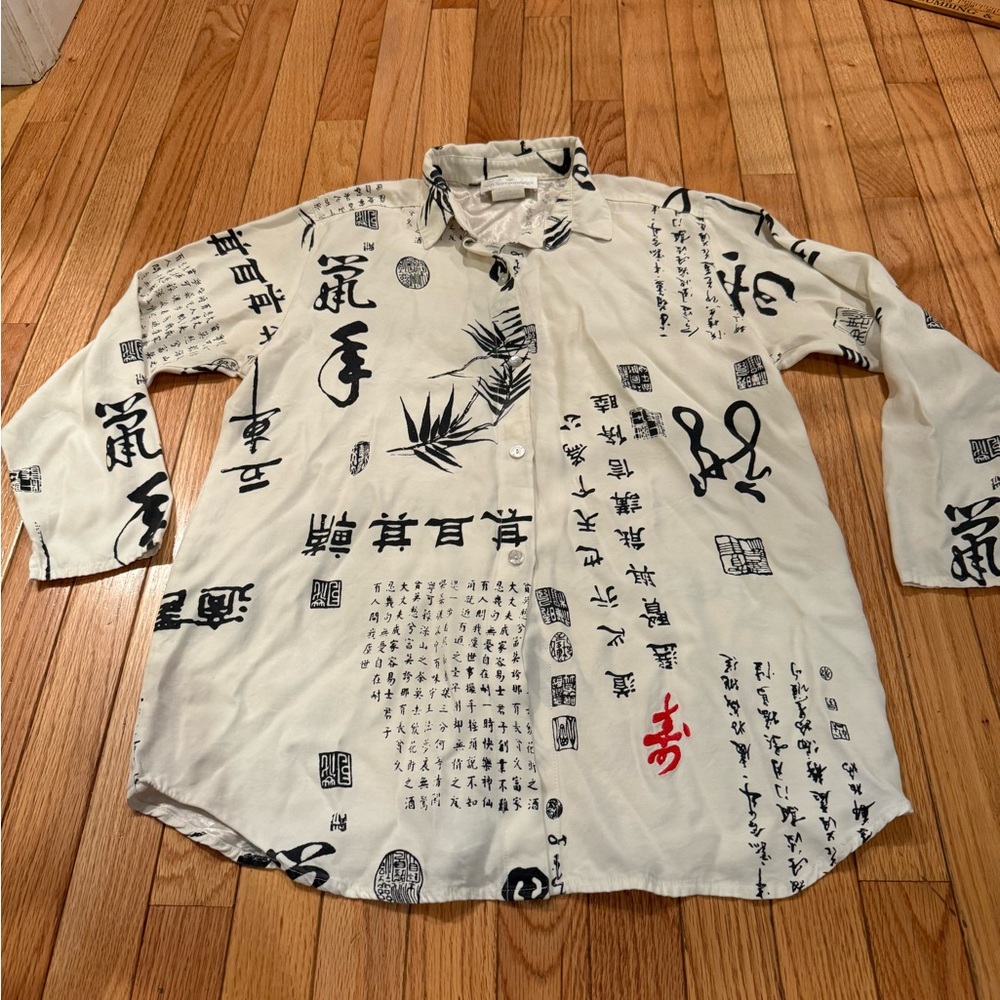 VTG Soft Surroundings White Black Japanese Asian Graphic Print Shirt Size M